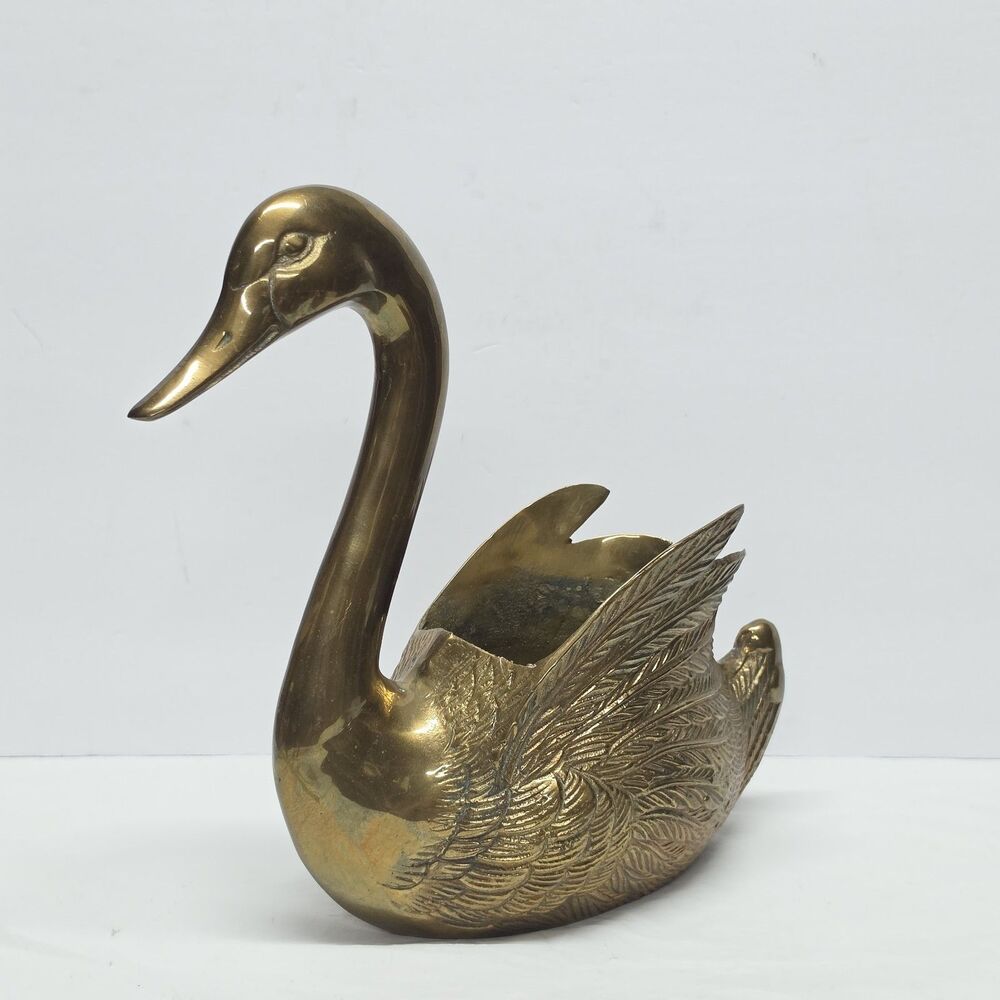 Vintage Cast Brass Swan Planter Mid-Century MCM 10 Inches Tall Made In Korea